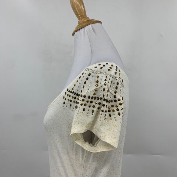 Cache Blouse Women S Small Ivory Gold Studded Embellished Scoop Neck Ruched Side - Picture 5 of 11